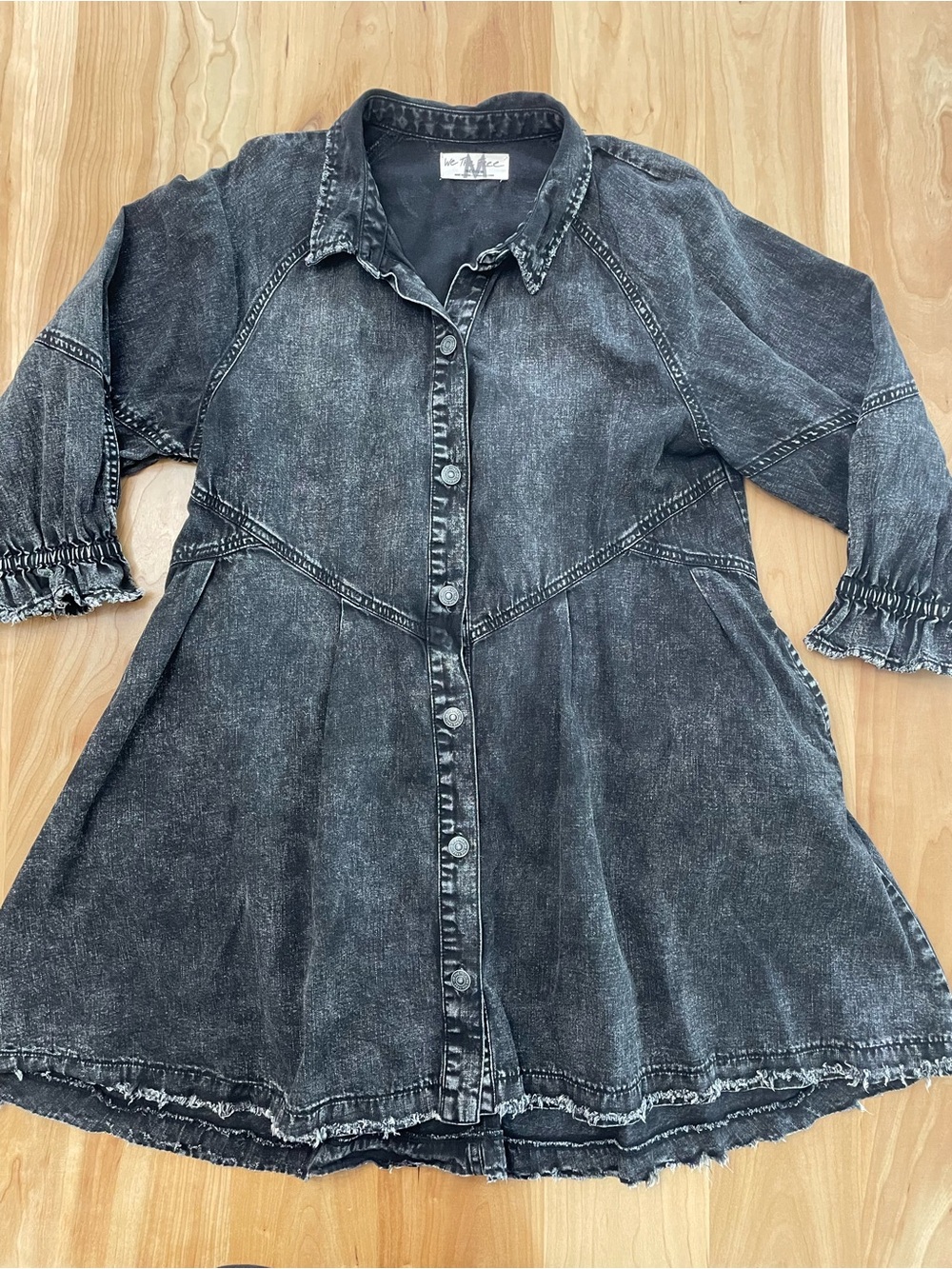 We The Free Medium Hannah Mini Shirt Dress Black Acid Wash Denim Raw Hems